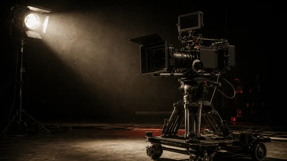 Étude visuelle d’une caméra de cinéma prête à tourner dans un faisceau de lumière