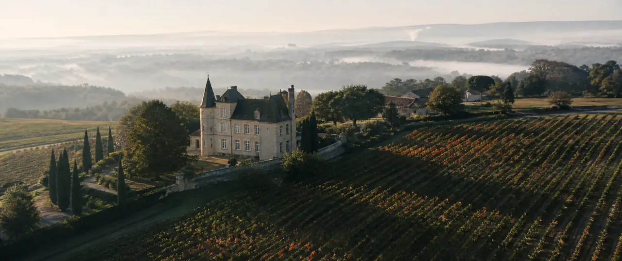 Étude visuelle aérienne d’un vignoble bordelais au lever du jour