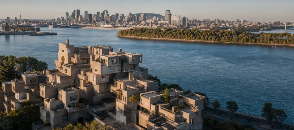 Vue aérienne de Habitat 67 et du fleuve à Montréal