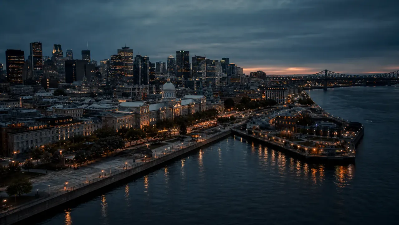 Étude visuelle aérienne du Vieux-Port de Montréal à l’heure bleue